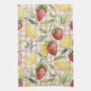 Watercolor Strawberries & Lemons on Blush Plaid Tea Towel