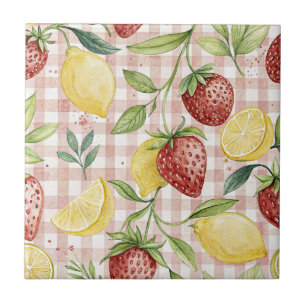 Watercolor Strawberries & Lemons on Blush Plaid Tile