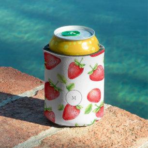 Watercolor strawberries modern summer monogrammed can cooler