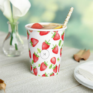 Watercolor strawberries modern summer monogrammed paper cups