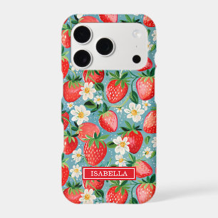Watercolor Strawberries On Blue Monogrammed