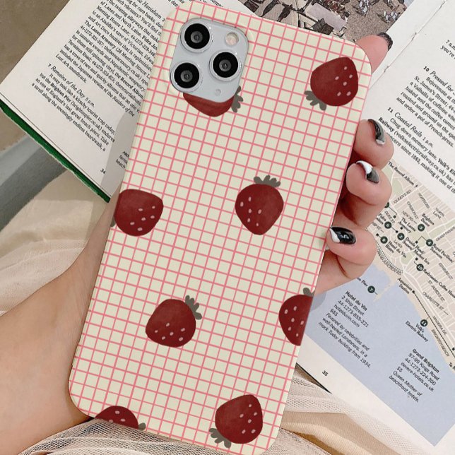 Watercolor Strawberries on Pink Grid - Valentine iPhone Case (Creator Uploaded)