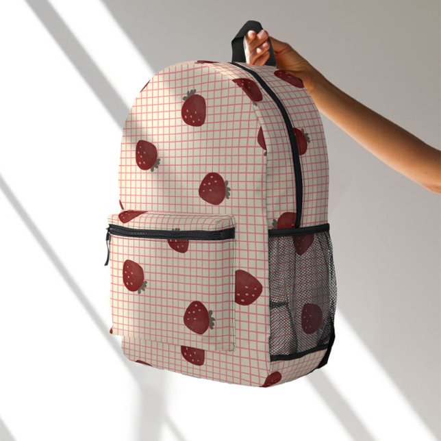 Watercolor Strawberries on Pink Grid - Valentine Printed Backpack (Creator Uploaded)