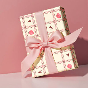 Watercolor Strawberries on Pink Plaid – Valentine Wrapping Paper