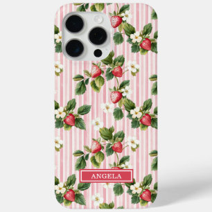Watercolor Strawberries On Pink Stripes iPhone 15 Pro Max Case