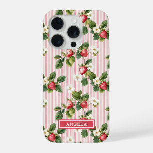 Watercolor Strawberries On Pink Stripes iPhone 15 Pro Case