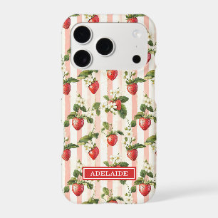 Watercolor Strawberries On Stripes Monogrammed