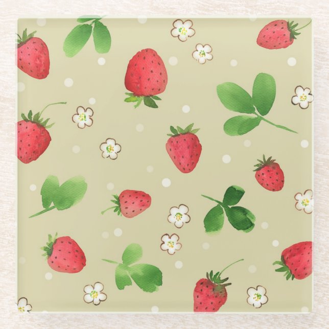Watercolor strawberries pattern glass coaster (Front)