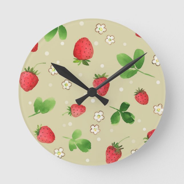 Watercolor strawberries pattern round clock (Front)