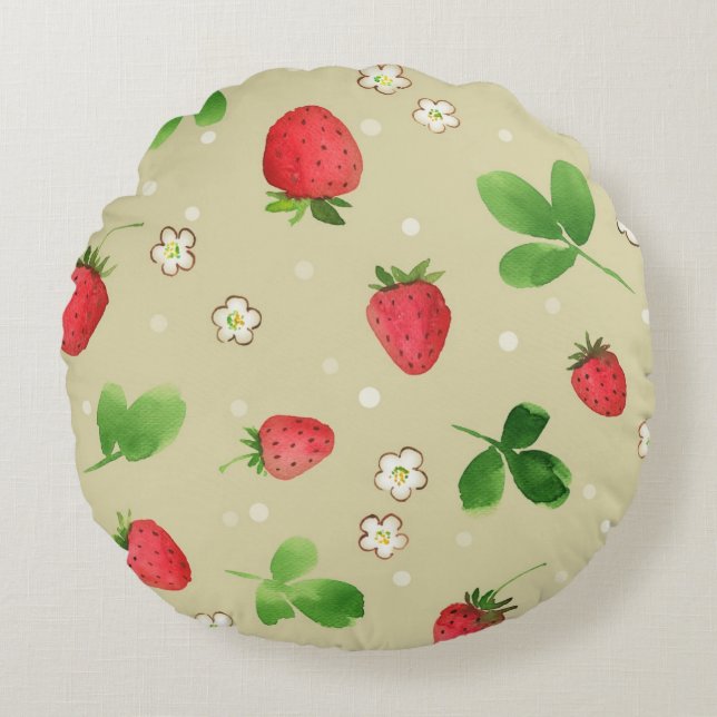 Watercolor strawberries pattern round cushion (Front)