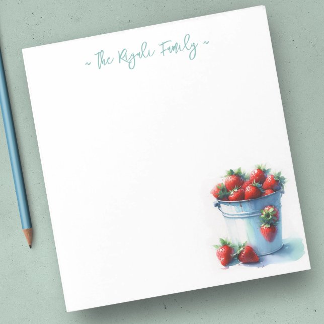Watercolor Strawberries Personalised Stationery Notepad (Strawberry notepads feature watercolor tin pint of strawberries farmhouse retro theme)