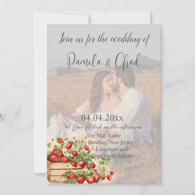 Watercolor Strawberries Photo QR Code Wedding Invitation (Front)