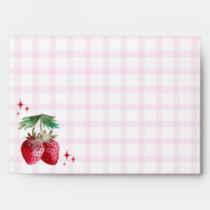 Watercolor Strawberries Pink Gingham Check Envelope