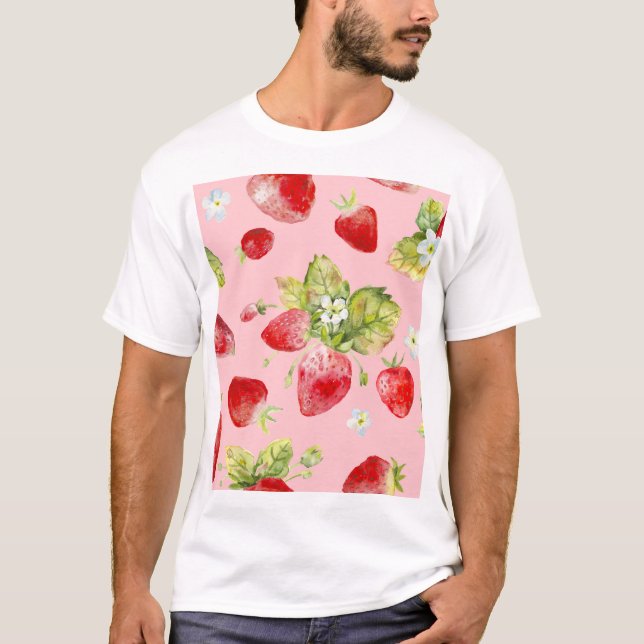 Watercolor strawberries, seamless, fruity pattern. T-Shirt (Front)