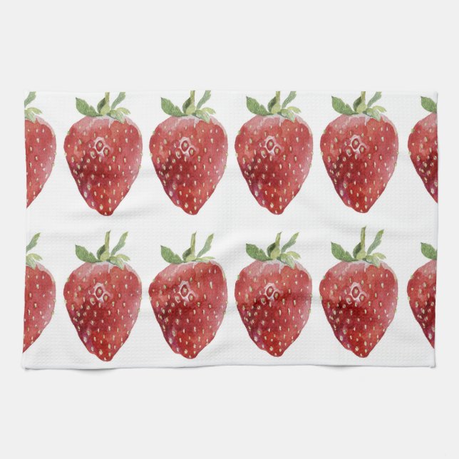 Watercolor strawberries: seamless pattern tea towel (Horizontal)