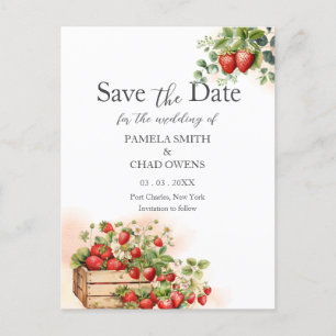 Watercolor Strawberries Wedding Save the Date Postcard
