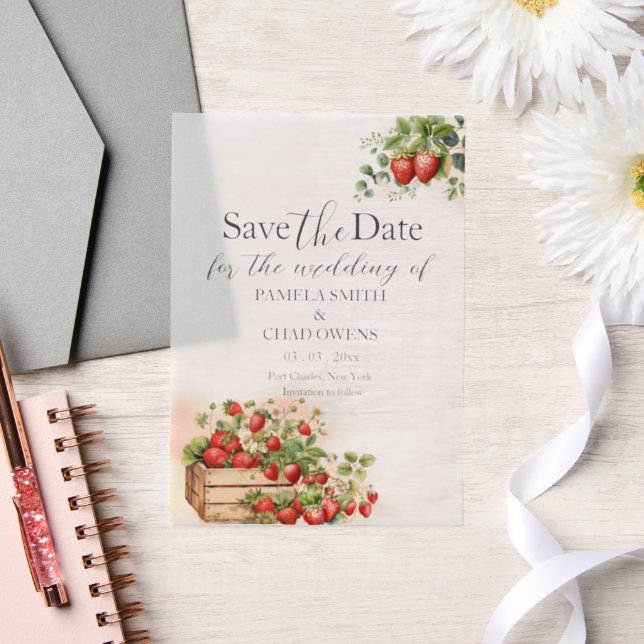 Watercolor Strawberries Wedding Save the Date Vellum Invitations (Wedding)