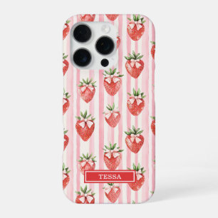 Watercolor Strawberries With Coquette Bows iPhone 16 Pro Case