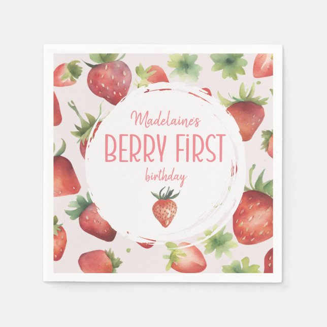 Watercolor Strawberry 1st Berry First Birthday   Napkin (Front)