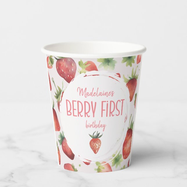 Watercolor Strawberry 1st Berry First Birthday   Paper Cups (Back)