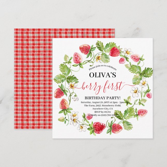 Watercolor Strawberry 1st Birthday  Invitation (Front/Back)