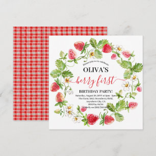 Watercolor Strawberry 1st Birthday  Invitation