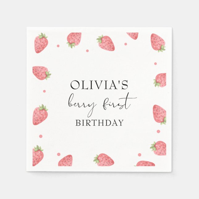 Watercolor Strawberry 1st Birthday Party Berry Napkin (Front)