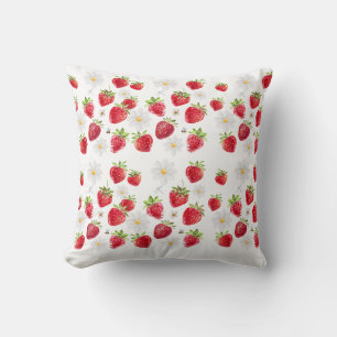 Watercolor Strawberry and Daisy Floral Pattern Cushion