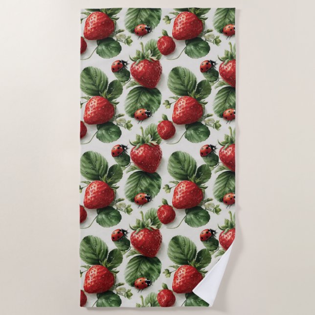 Watercolor Strawberry and Ladybug Seamless Pattern Beach Towel (Front)