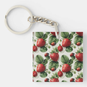Watercolor Strawberry and Ladybug Seamless Pattern Key Ring