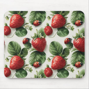 Watercolor Strawberry and Ladybug Seamless Pattern Mouse Mat