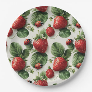 Watercolor Strawberry and Ladybug Seamless Pattern Paper Plate