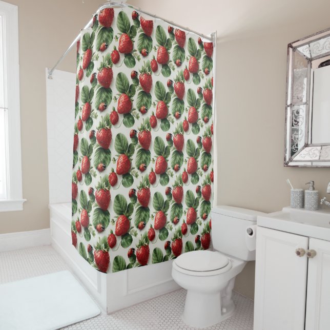 Watercolor Strawberry and Ladybug Seamless Pattern Shower Curtain (In Situ)