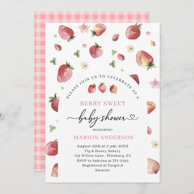 Watercolor Strawberry Baby shower  Invitation (Front/Back)