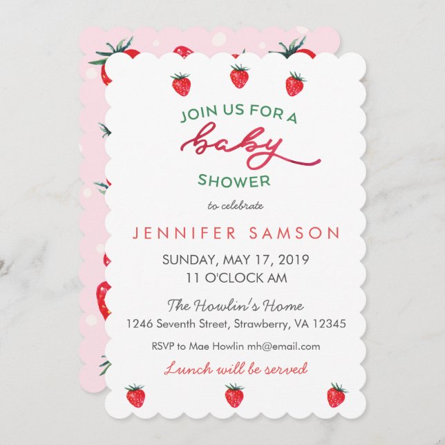 Watercolor Strawberry Baby Shower Invite Pink (Front/Back)