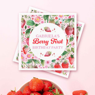 Watercolor Strawberry Berry 1st Birthday Girls Napkin