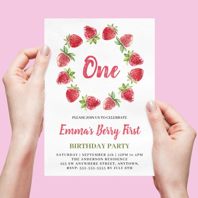 Watercolor Strawberry Berry First 1st Birthday Inv Invitation (Creator Uploaded)