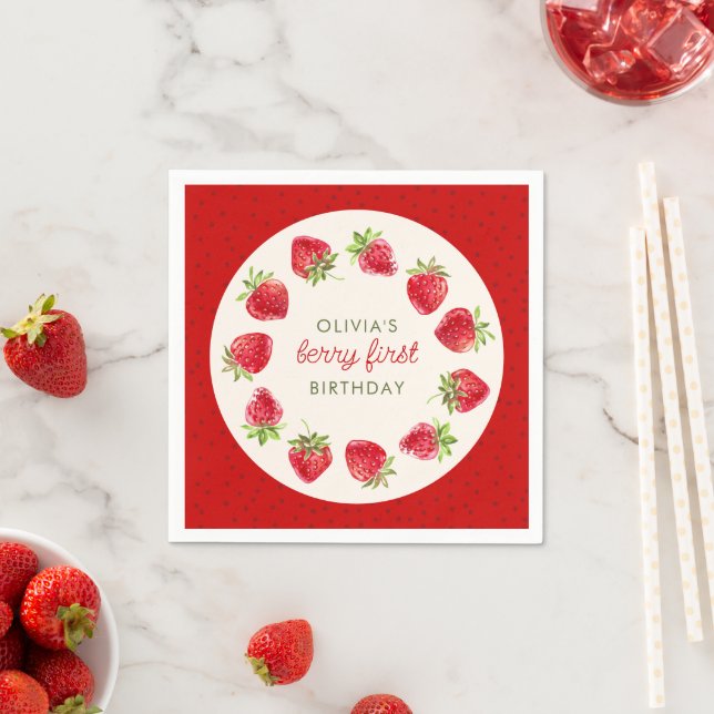 Watercolor Strawberry Berry First 1st Birthday Napkin (Insitu)