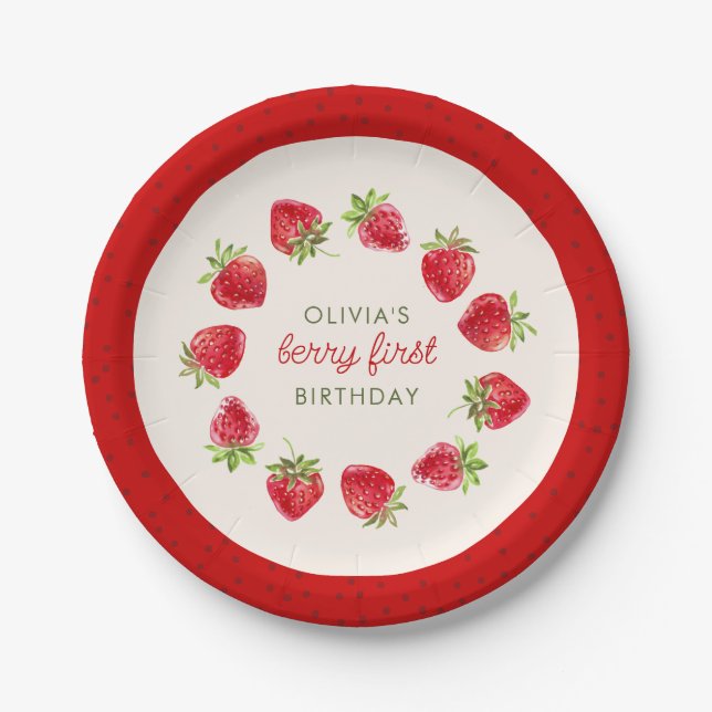 Watercolor Strawberry Berry First 1st Birthday Paper Plate (Front)