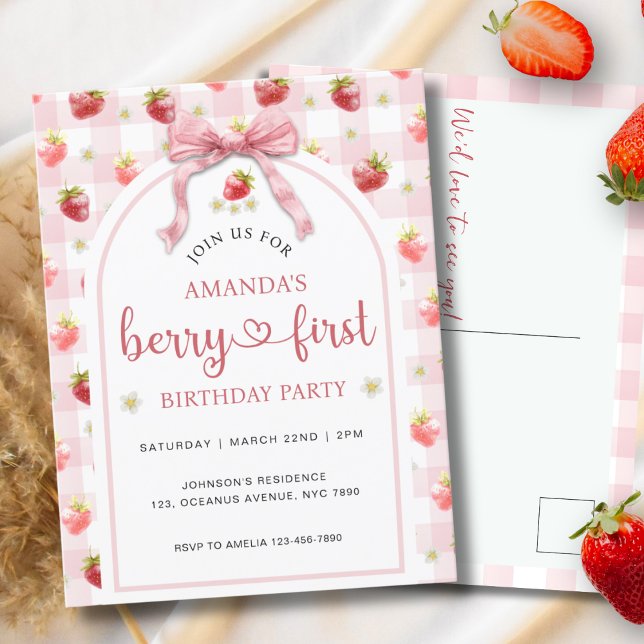 Watercolor Strawberry Berry First 1st Birthday  Postcard (Creator Uploaded)