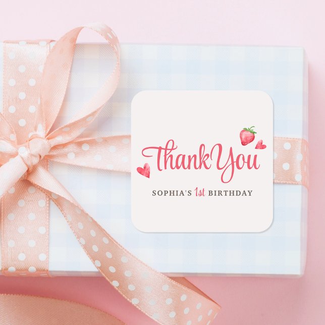 Watercolor Strawberry Berry First Birthday Favour Square Sticker (Creator Uploaded)