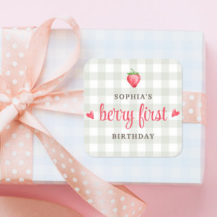 Watercolor Strawberry Berry First Birthday Square Sticker