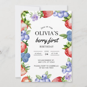 Watercolor Strawberry Blueberry First Birthday Invitation