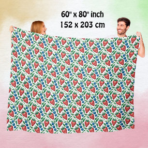 Watercolor Strawberry Blueberry Pattern on White Fleece Blanket