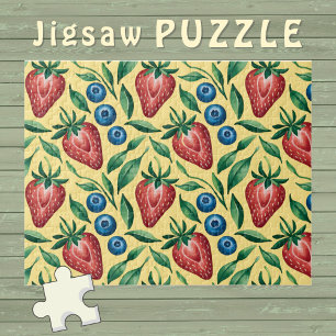 Watercolor Strawberry Blueberry Pattern on Yellow Jigsaw Puzzle