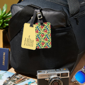 Watercolor Strawberry Blueberry Pattern on Yellow Luggage Tag