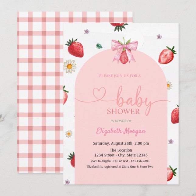 Watercolor Strawberry Bow Red Plaid Baby Shower  Invitation (Front/Back)