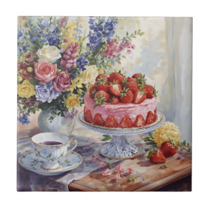 Watercolor Strawberry Cake and Flowers Still Life Tile