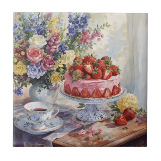Watercolor Strawberry Cake and Flowers Still Life  Tile