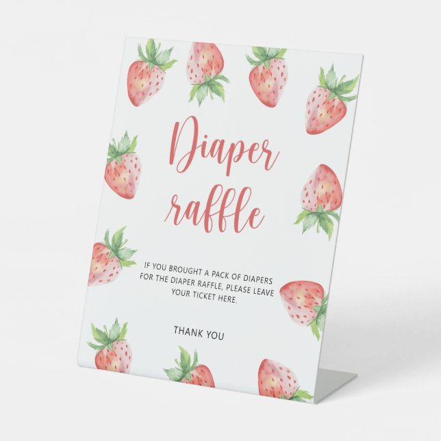 Watercolor Strawberry - diaper raffle Pedestal Sign (Front)